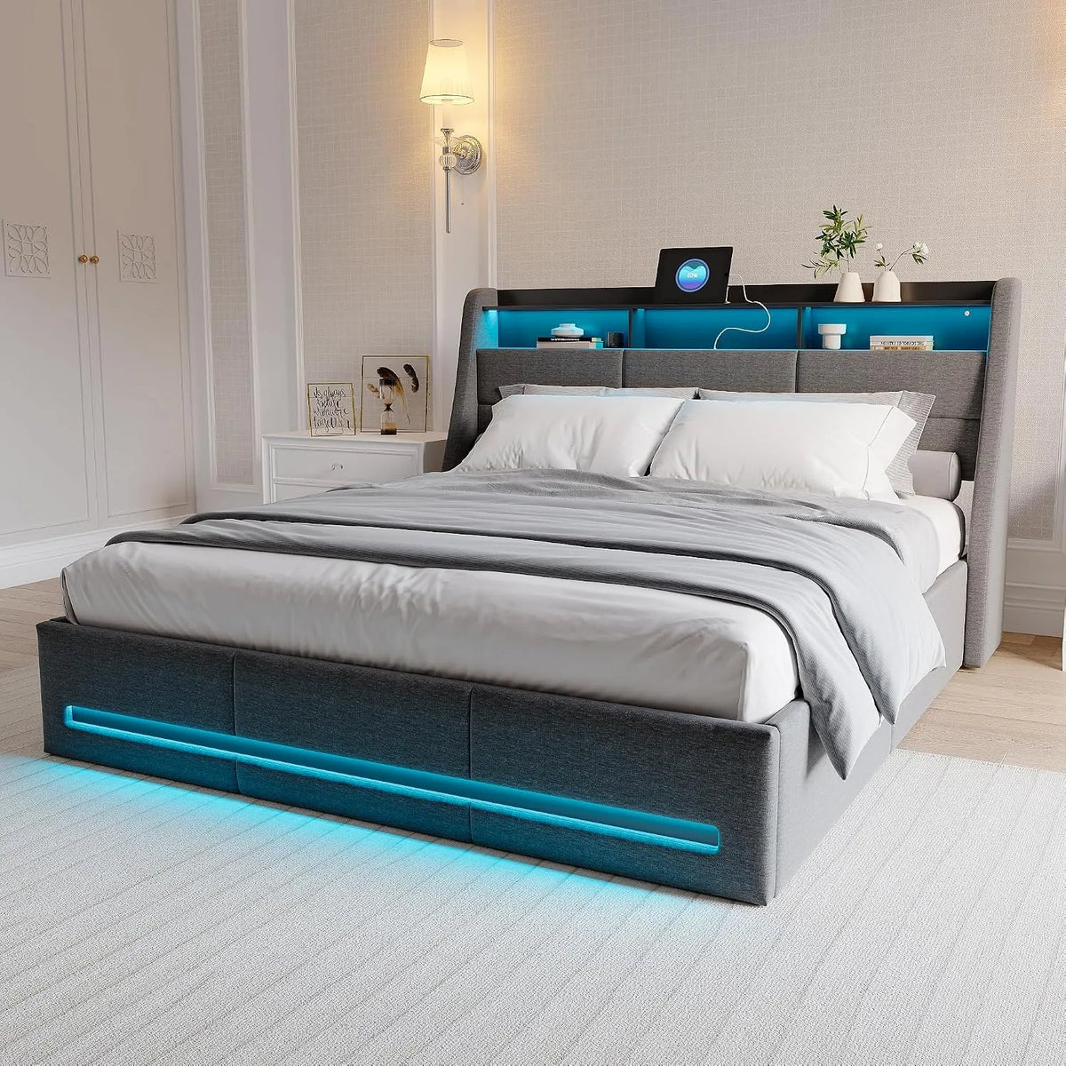 Lit Coffre 160x200 cm avec éclairage LED et Port USB – avec rangement, avec port USB, affichage LED, 160 × 200 cm, gris