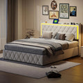 Lit Coffre 160x200 cm avec LED et Prise USB: avec rangement, avec port USB, affichage LED, 160 × 200 cm, beige, revêtement en velours