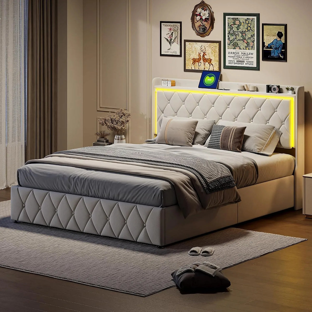 Lit Coffre 160x200 cm avec LED et Prise USB: avec rangement, avec port USB, affichage LED, 160 × 200 cm, beige, revêtement en velours