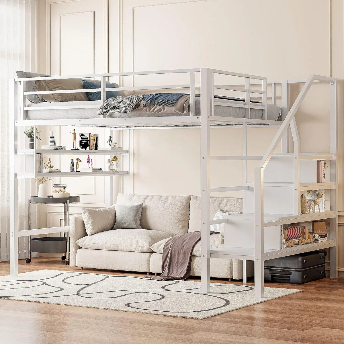 Lit superposé et lit mezzanine – pour enfant, avec rangement, avec étagères, avec escalier, 2 Place, 140 × 200cm, blanc, 2 places