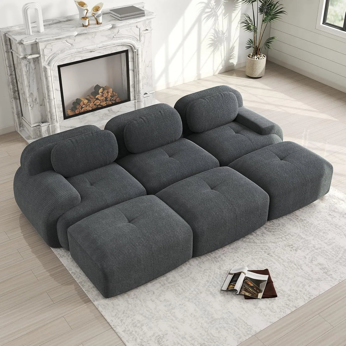 Canapé modulaire – antidérapant, en velours côtelé, avec accoudoirs, 3 Places, gris