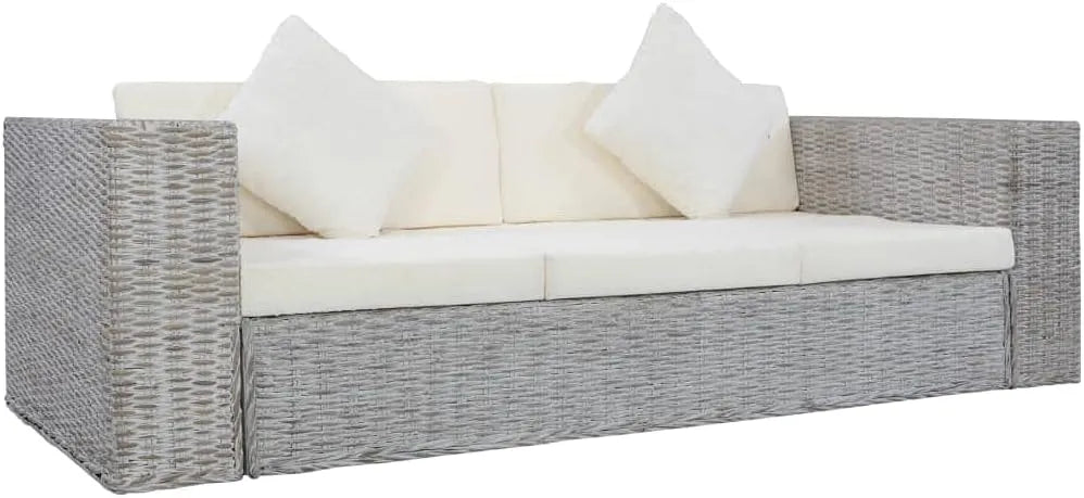 Canapé — en bois, avec coussins, 3 places, 200 × 80 × 61 cm, gris, en bois massif, en résine tressée